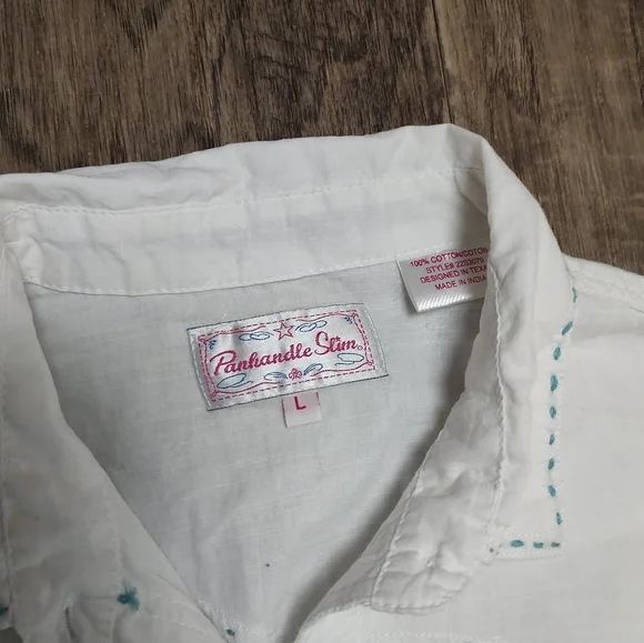 Panhandle Slim white with decorative stitches white pearl snap shirt Size L - Picture 13 of 16